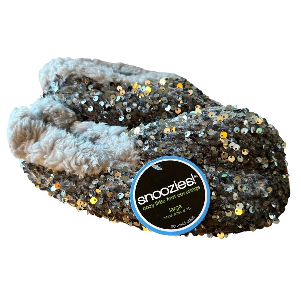 Snoozies Sparkly Silver Bling Women Sequin Slippers House Shoes Size LARGE NWT